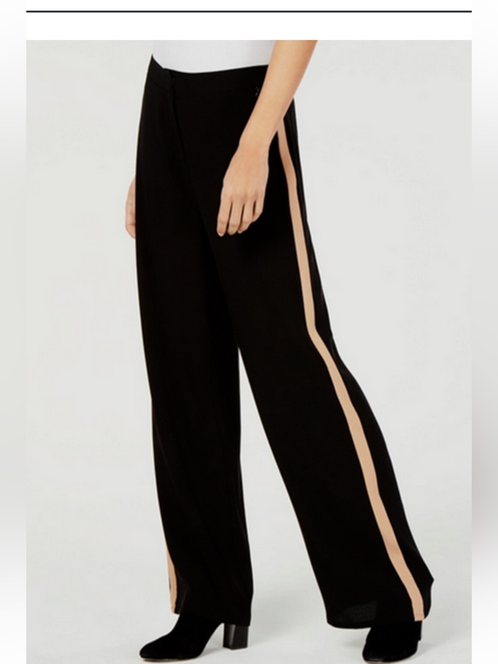 Eileen Fisher 100% Silk Georgette Side Stripe Black Trouser Pants 14
